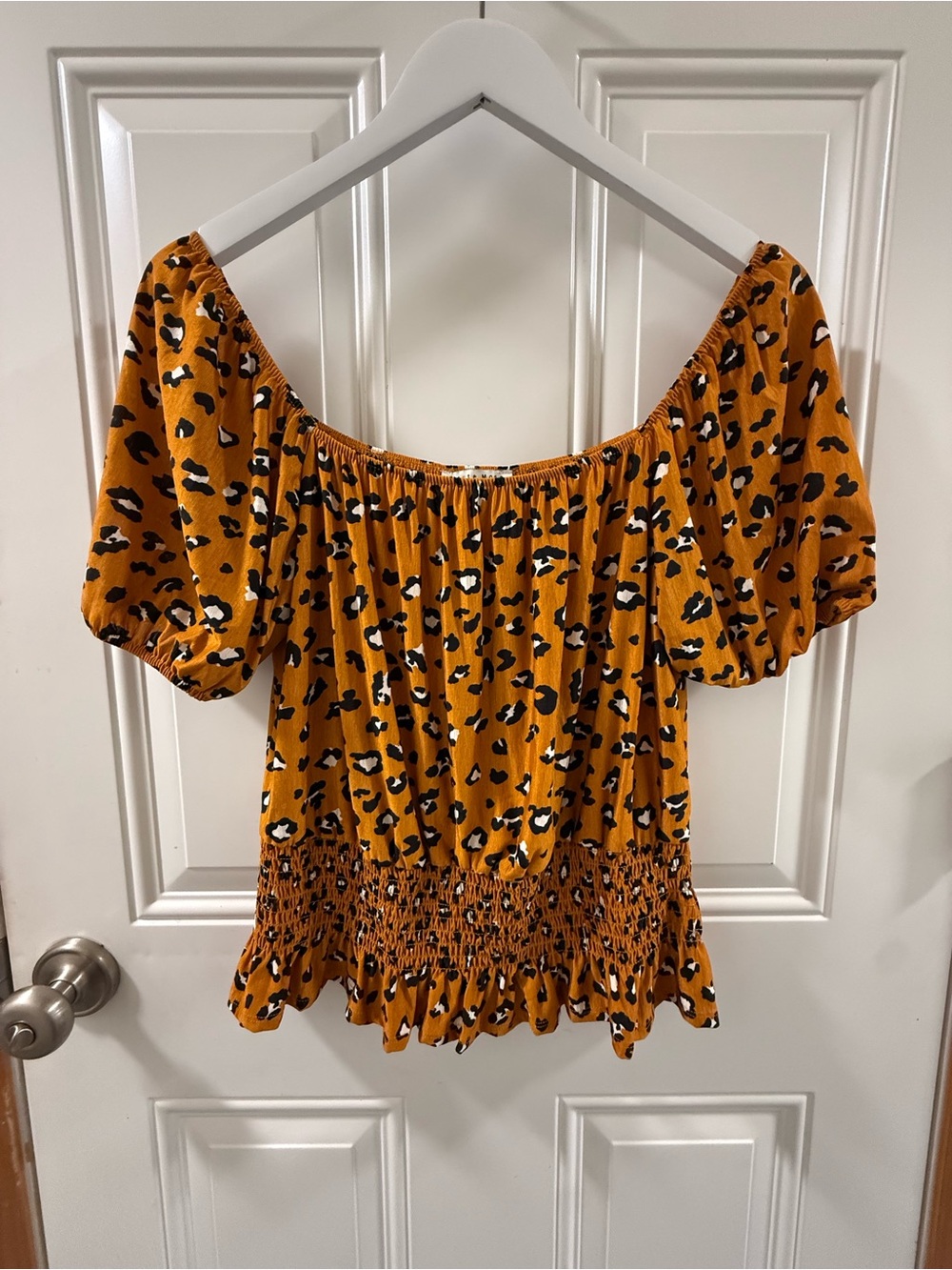 Haute Monde Mustard Leopard Off-Shoulder Smocked Peplum Top